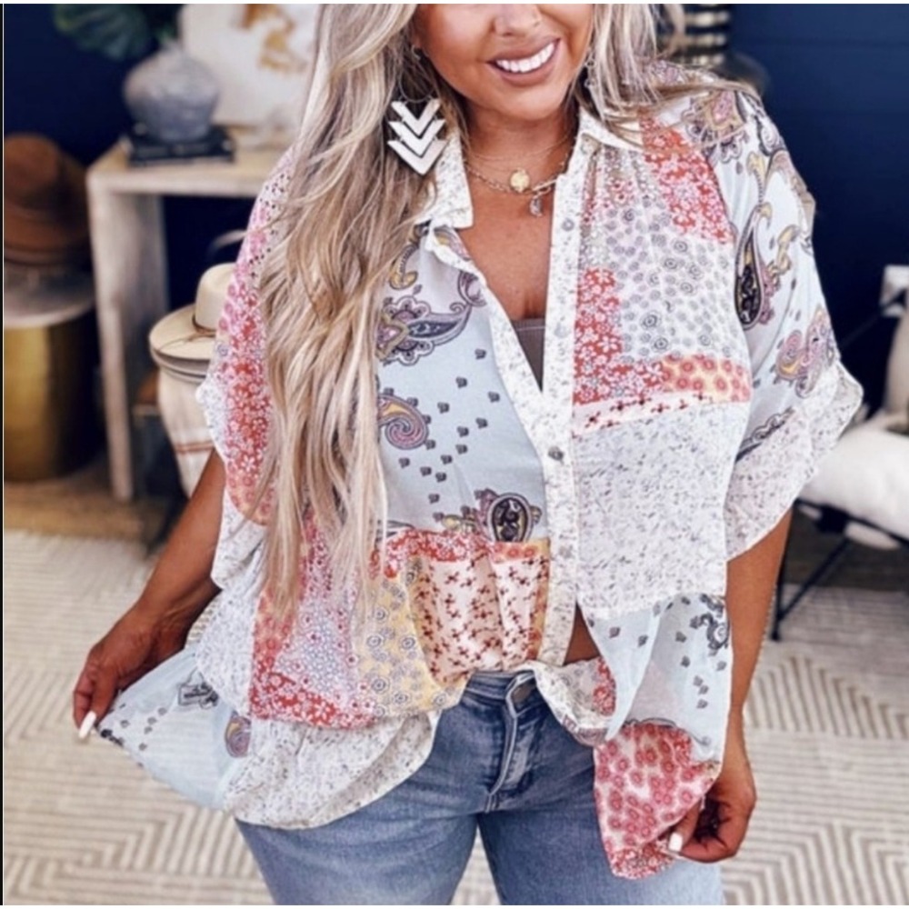 Gigio USA Patchwork Paisley Floral Button Down Sheer Tunic Shirt TC2569 Medium - Picture 9 of 9
